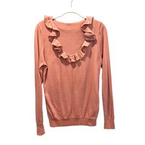 J Crew Merino Wool Ruffle Neck Sweater Dusty Rose Women's L